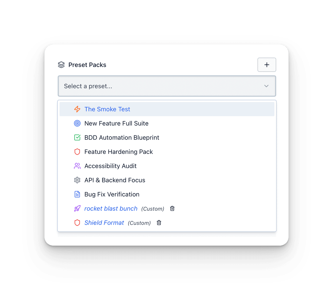 TestStory AI preset packs for smoke testing, accessibility, security, and performance testing